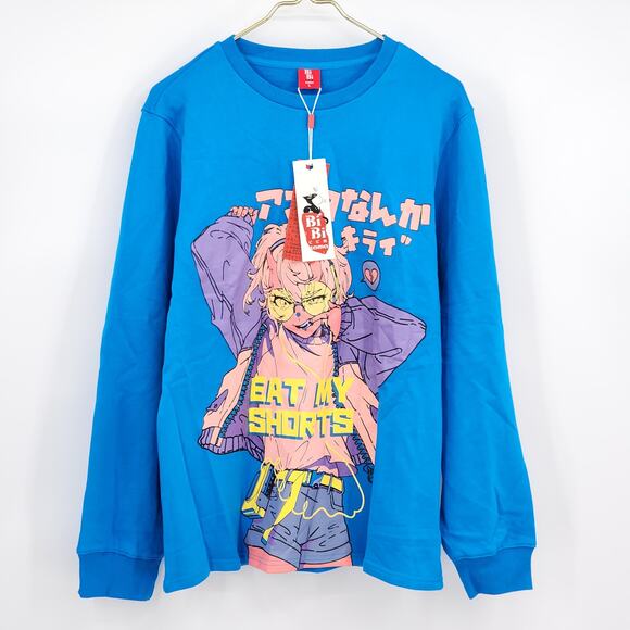 Bibisama Oni Girl "Eat my shorts" Sweatshirt Blue Size Large NWT - Picture 1 of 6
